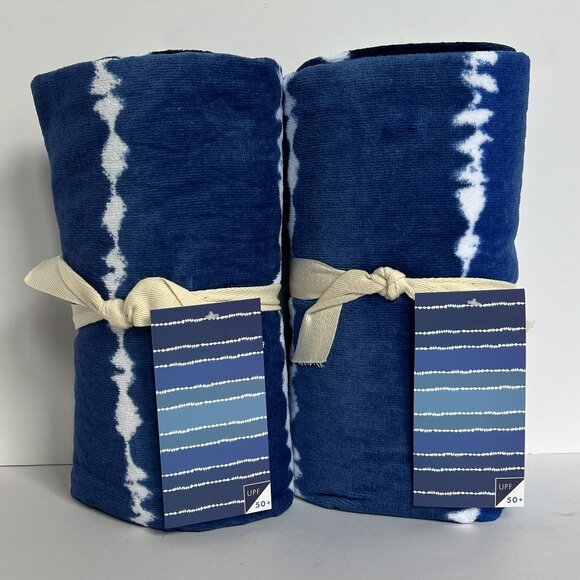 POTTERY BARN TEEN Set of 2 Tie Dye Stripe Beach Towels BLUE/NAVY NEW NWT PB TEEN - Picture 5 of 13